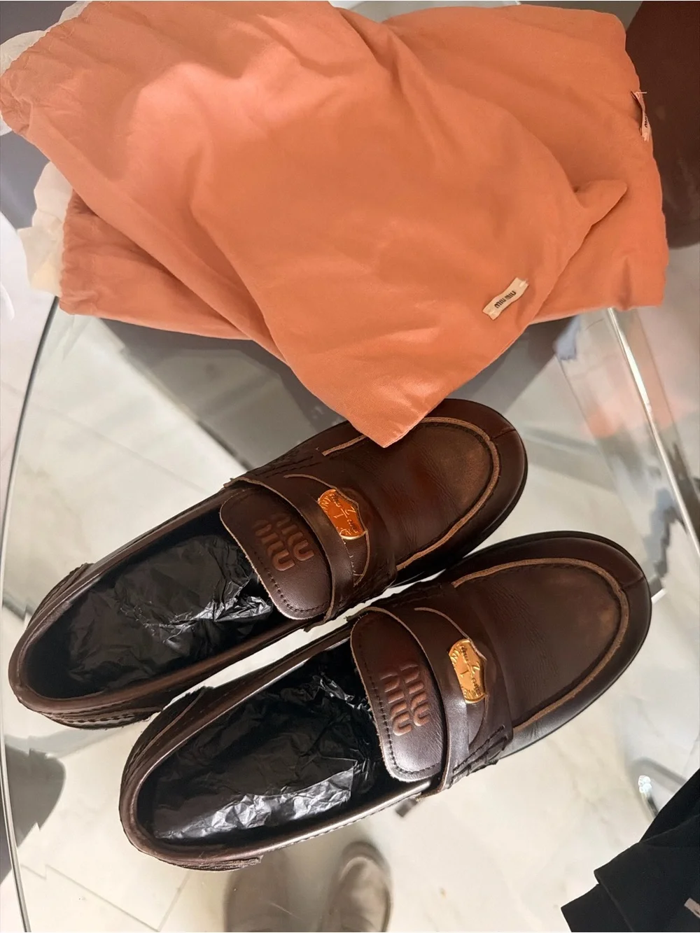 Miu Miu Dark Brown Leather Loafers with Gold Crest % AUTHENTIC
